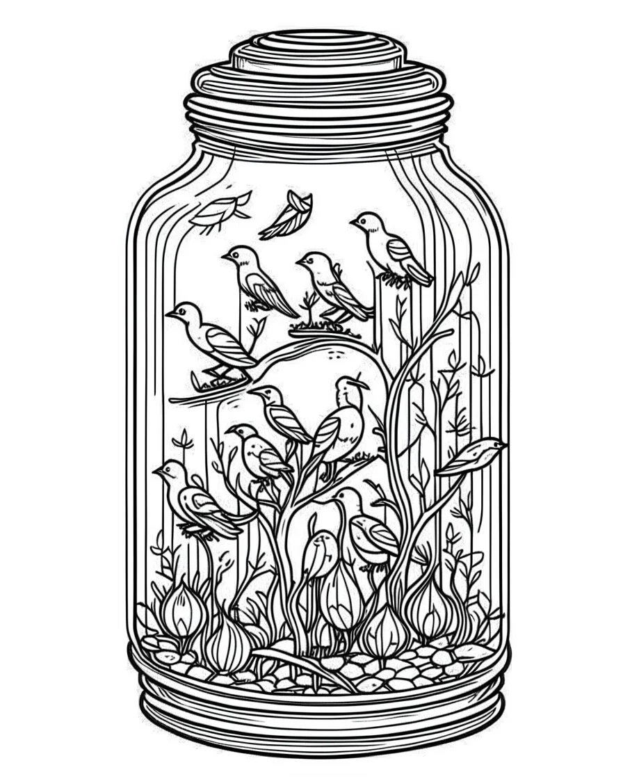 birds on tree life in jar minimalistic, line art, background, vector, svg, coloring book page style, black outline on white background