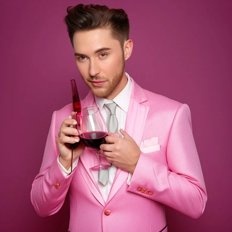 man in a pink suit, glam style and a glass of red wine in his hand, pink background too, real photography, portrait photography