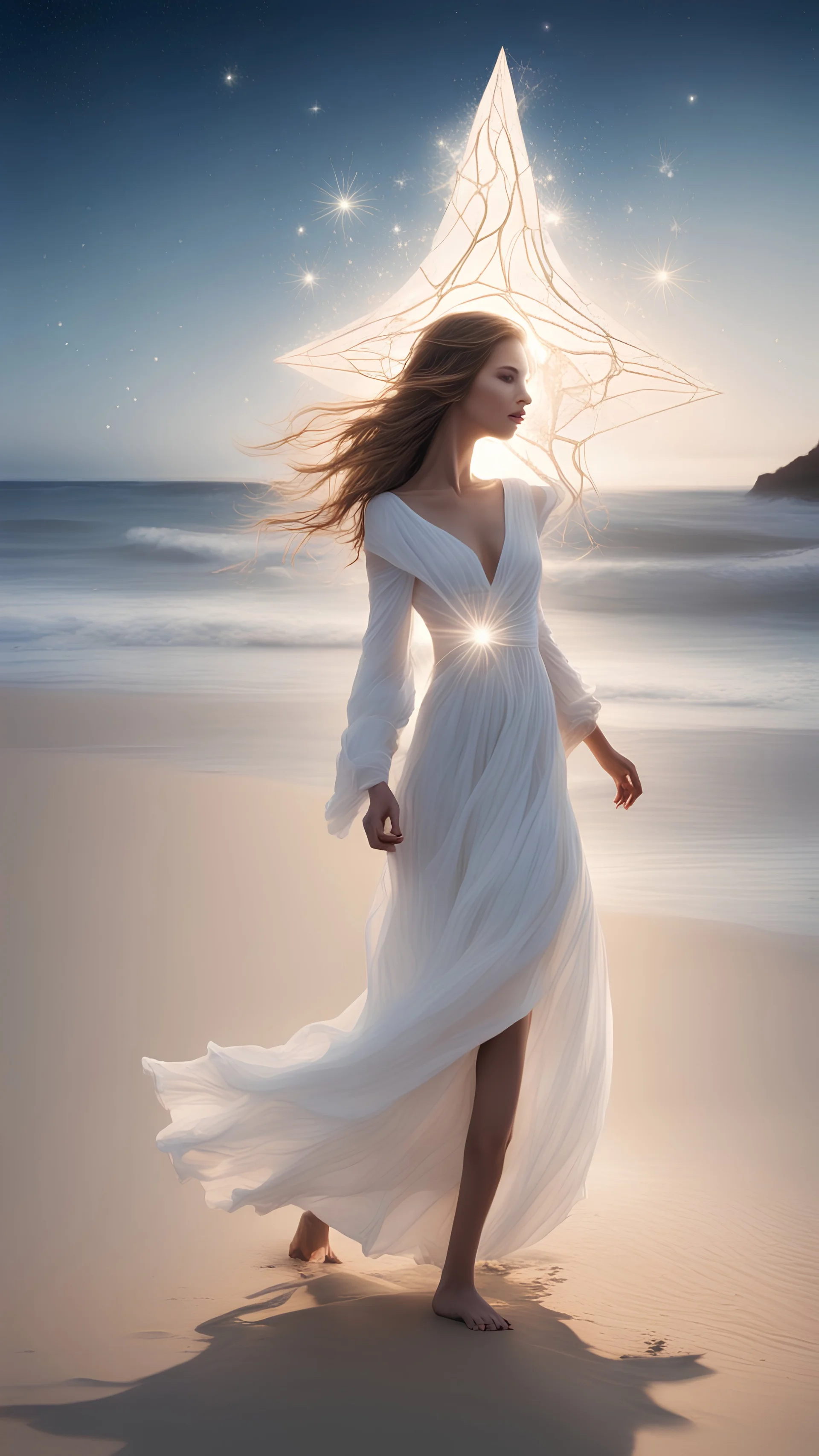 The image you described is of a girl in white standing on the beach holding a star. A beach environment may include sand dunes, breaking waves, or a clear blue sky. The girl's white dress combines with natural elements and creates a striking image. The presence of the star she holds adds an element of fantasy or symbolism to the image, possibly symbolizing wishes, desires or a sense of wonder. The combination of the beach environment, the cover of the girl and the star creates a feeling of c