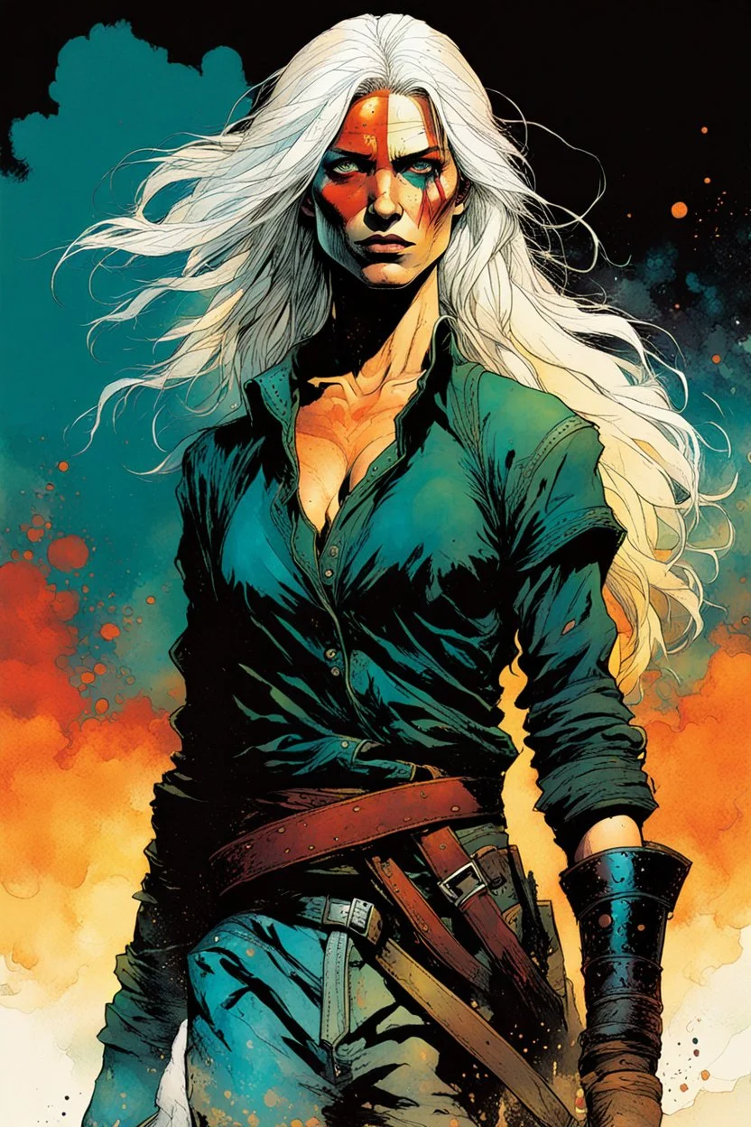 create an imaginative full body print illustration of an ethereal, otherworldly haggard, scarred, and grim, flaxen haired female Witcher , in the comic book art style of Bill Sienkiewicz, Mike Mignola, and Jean Giraud Moebius, with highly detailed facial features , finely drawn, colored and inked,