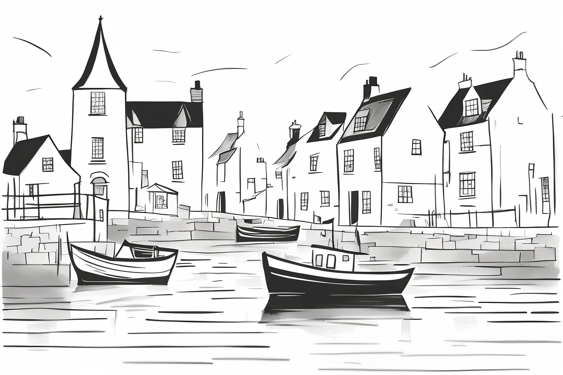 English fishing village light hb pencil line art minimalist outlines in the style of john Piper