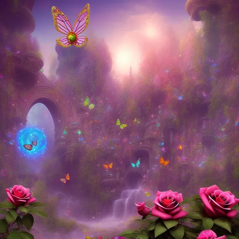 psychedelic giant roses and tiny flying butterflies and lost city in the background 3D mystic ambiance