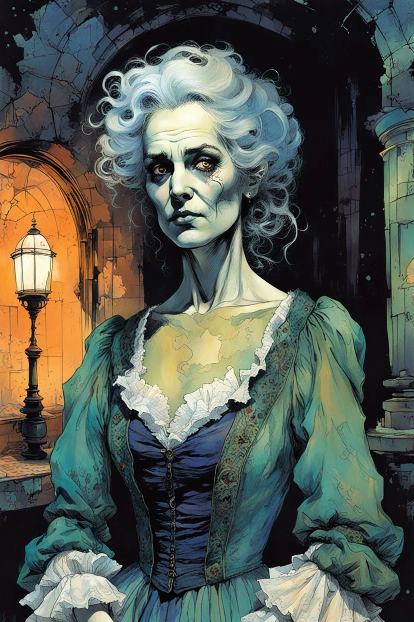 create an imaginative drawing of the pale translucent ghost of an aged Parisian gypsy female fortuneteller, clothed in tattered and ragged, ornate Napoleonic period dress, with finely detailed hair and feminine facial features, in the otherworldly shadows of the Paris catacombs, in the comic book art style of Bill Sienkiewicz, Mike Mignola, and Jean Giraud Moebius, finely textured, drawn, colored, and inked