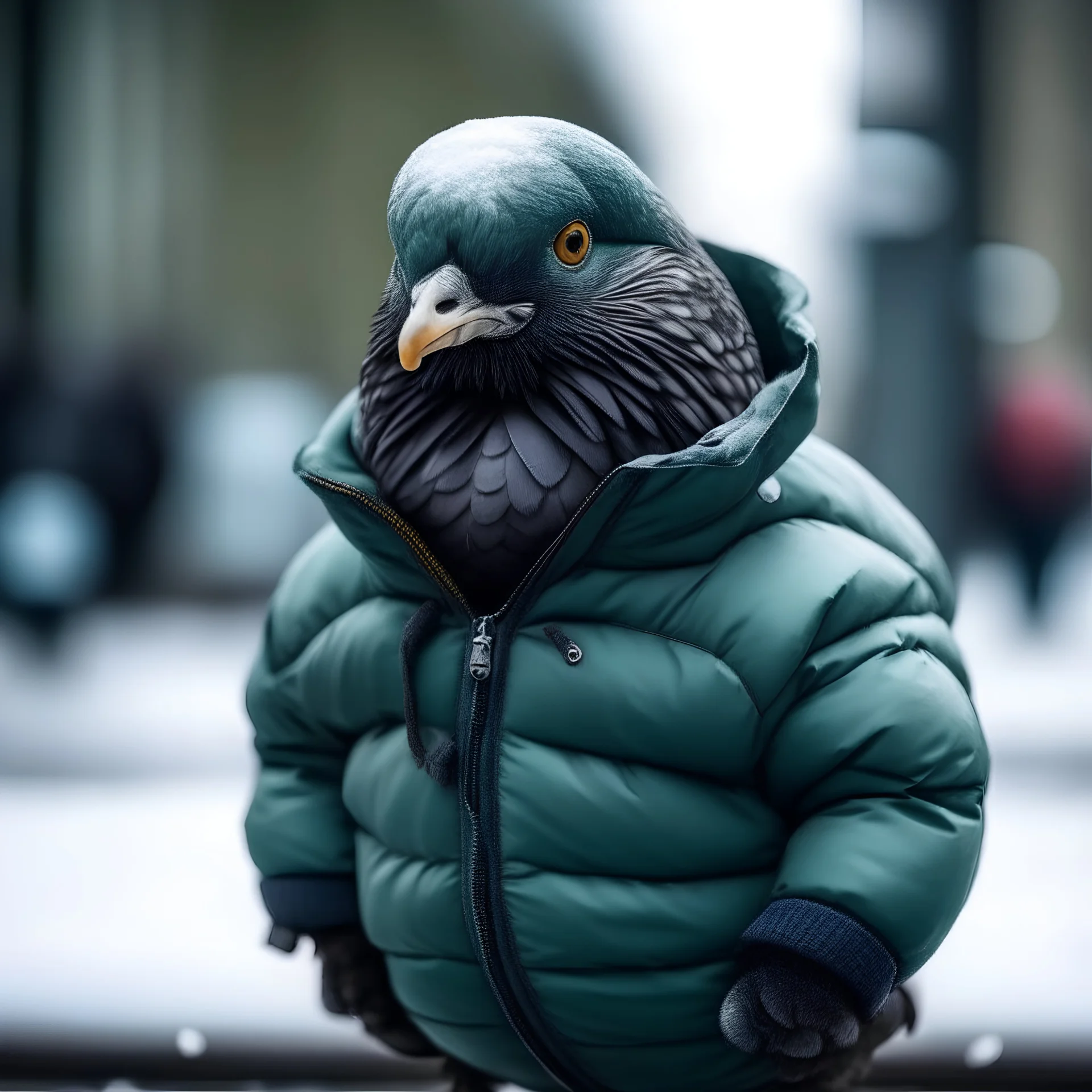 A pigeon wearing a puffy jacket