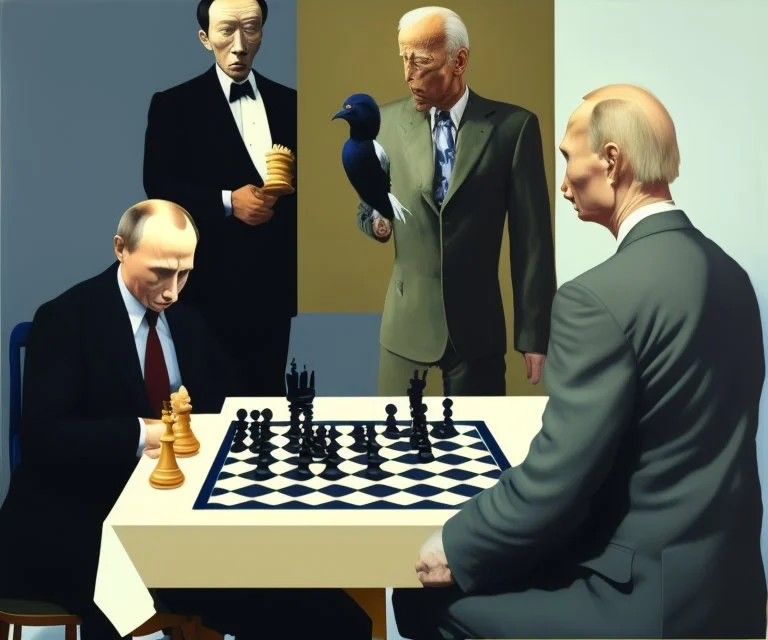 Putin, President Xi Of China And Joe Biden Play Chess With A Pigeon,Complex Surgical Instruments,A Newborn Boy,Minimalism,Painting By Lucian Freud,Rene Magritte,Adrian Ghenie,Michelangelo,Salvador Dali,Pablo Picasso