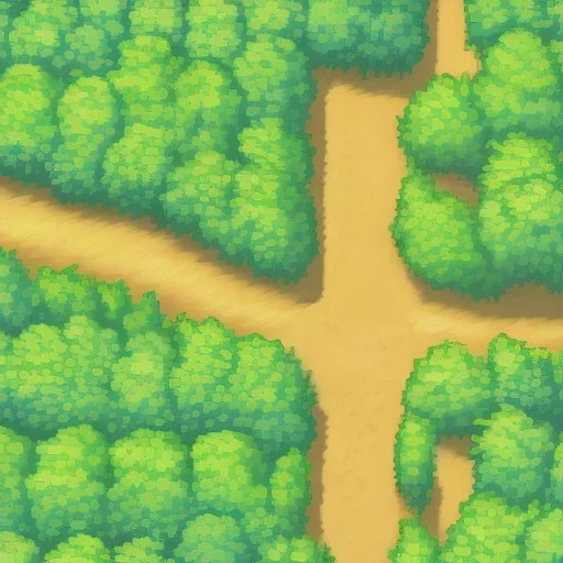 dirt road in the middle of a forest and round same size trees topdown view of a pixel art pokemon style gameboy