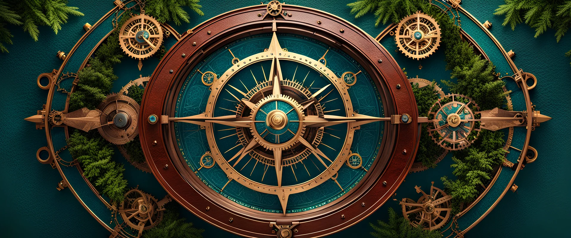 High-end hyperrealism symmetrical Steampunk ARD logo ((logo ARD)) compass shape, inspired cinematic photography, symmetry forest alley background, Aesthetic combination of sage green and blue metallic and honey red, Vintage style with brown pure leather accents, Art Nouveau visuals with Octane Render 3D tech, Ultra-High-Definition (UHD) cinematic character rendering, Detailed close-ups capturing intricate beauty, Aim for hyper-detailed 8K