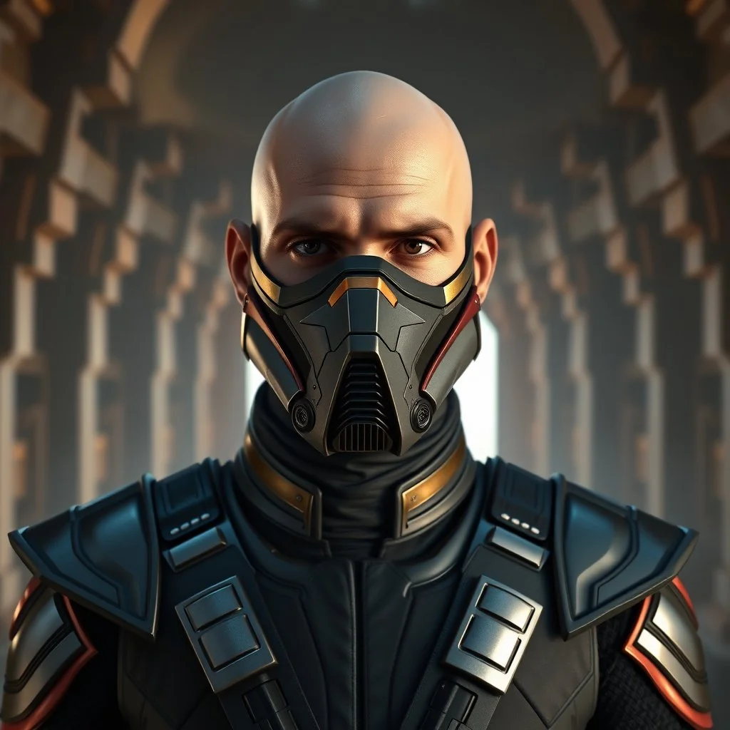 star wars bald male corellian jedi wearing gunmetal grey and black old republic armored flightsuit and breath mask with gold and metallic red trim inside the jedi temple, centered head and shoulders portrait, hyperdetailed, dynamic lighting, hyperdetailed background, 8k resolution, volumetric lighting, light skin, fully symmetric details