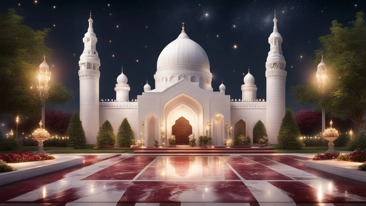 Hyper Realistic people praying outside Beautiful-Decorated-Huge-White-Brick-Mosque with maroon-marble-flooring & Beautiful-Garland-Light-&-Decorations surrounded by a beautiful garden at beautiful dark night with stars on sky