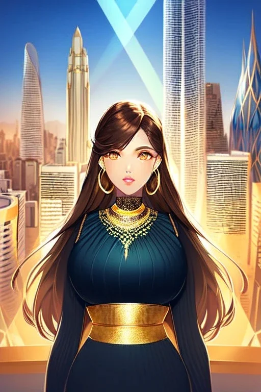 Young business woman, dark orange eyes, dark brown hair, elegant hair, thin lips, gold hoop earrings, waist up portrait, 8k resolution, intricate details, ornate details, soft lighting, vibrant colors, retroanime, masterpiece, realistic, intricate eyeliner, dark eyeshadow, eyes,futuristic cityscape background