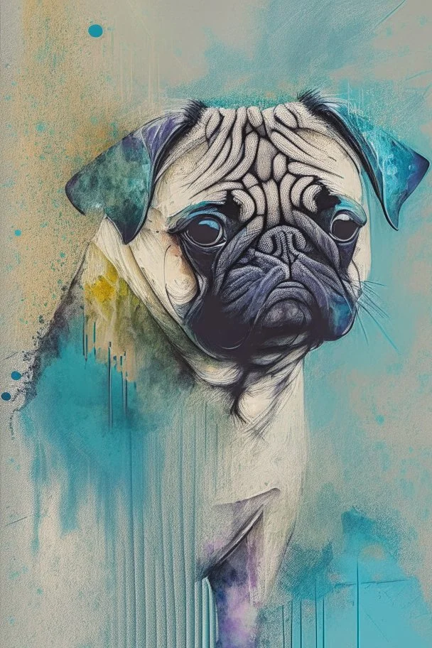 abstract wet watercolour of a pug in the style of picasso