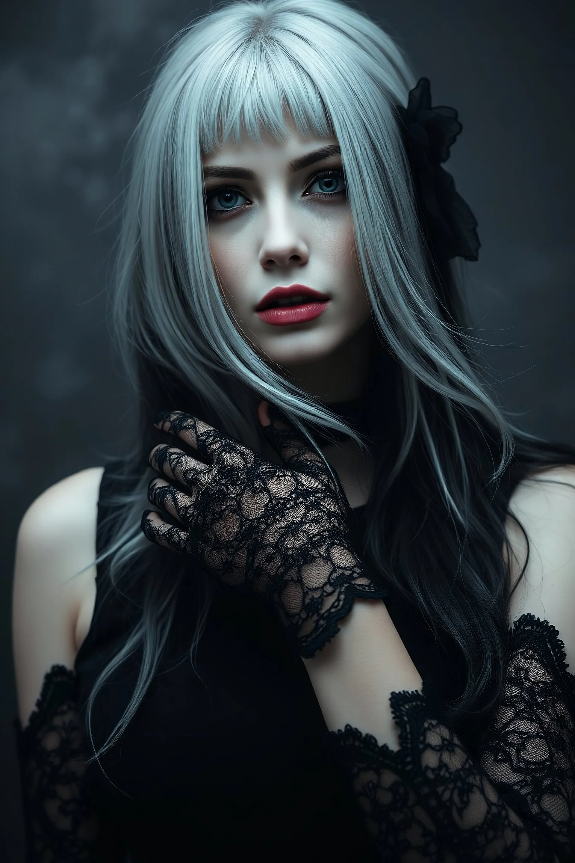 a mystic beauty goth woman with pale skin, black-silver hair, , goth style makeup. She wearing a stylish nice black dress and lace gloves, she gazes mysterious , mystic dark vibe, fog, shadows