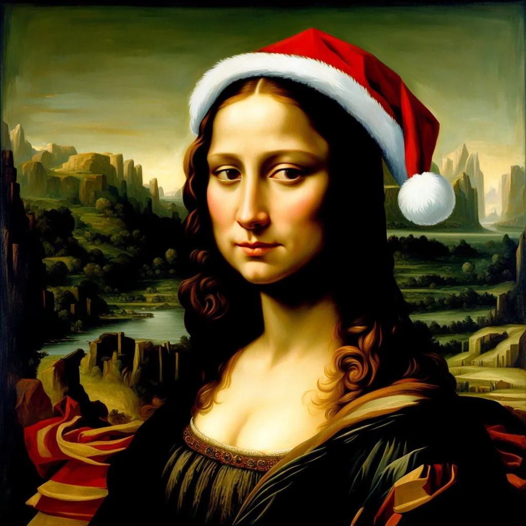 Pintura al oleo de La Monalisa de Leonardo Da Vinci con el gorro de navidad, maximalista, calidad ultra, hiperdetallado, 12k