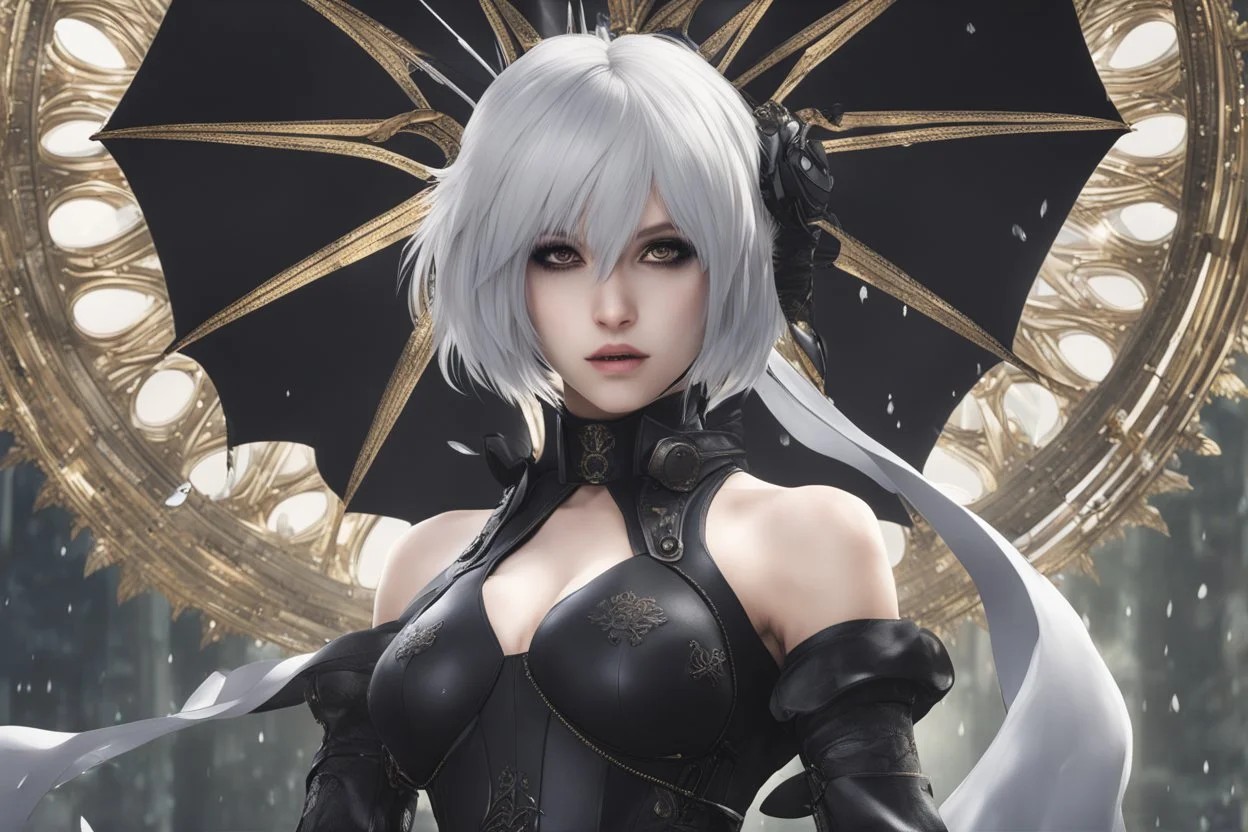 Hot 2B with mouth mask in 8k nier automata artstyle, 2B them, 2B Custom, close picture, rain, fantasy world, intricate details, highly detailed, high details, detailed portrait, masterpiece,ultra detailed, ultra quality