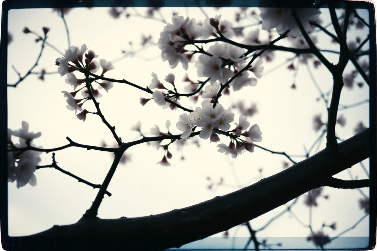 Melancholic, ultra-realistic vintage polaroid photograph of a blossoming branches of a tree, soft light of a cloudy sky, atmosphere of quiet sadness and timeless beauty, cinematic, hyper-detailed, emotional and mesmerizing, bloom, lo-fi