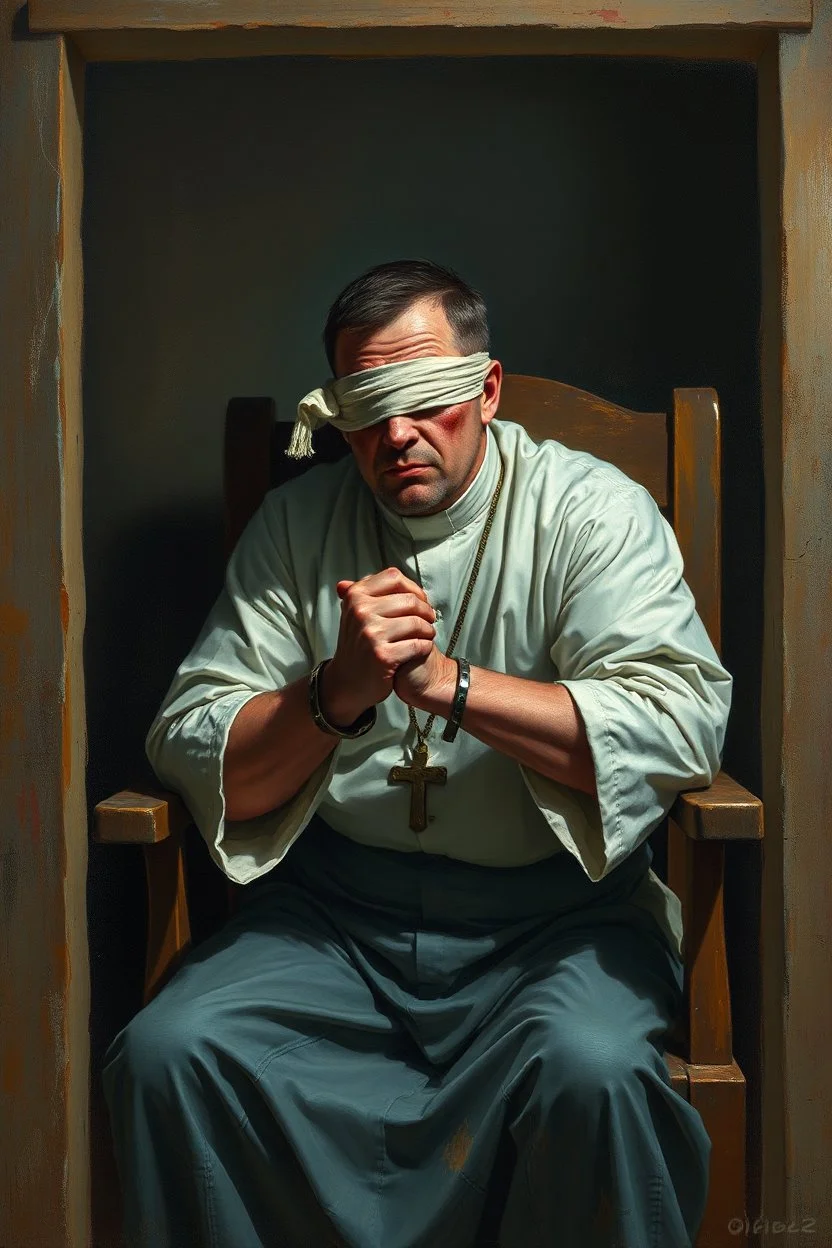 A priest they but a fabric on his eye so he can not see and his arms are Handcuffed. looks miserable with bruises on his face like he has been beating sitting on a broken chair in a prison with dem light and dark prison environments , Busch painting style , sureal