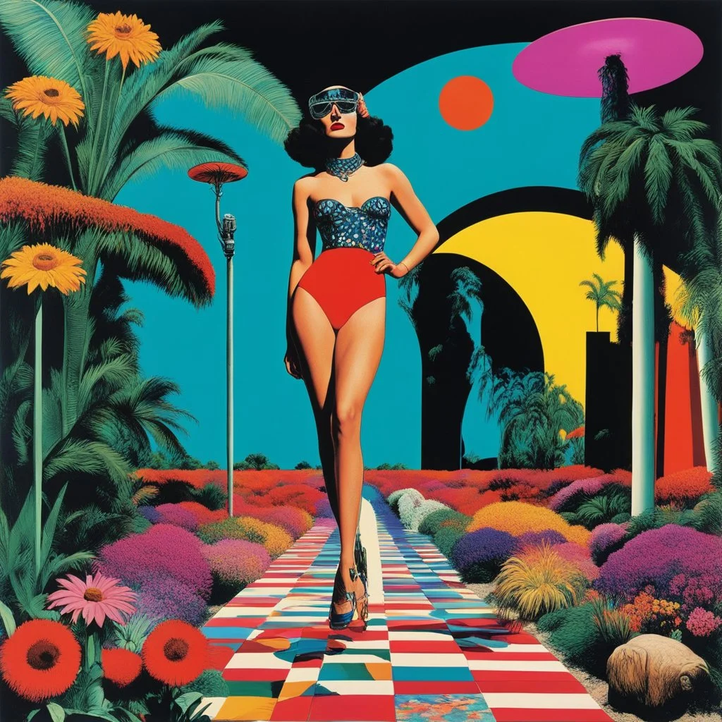 [colour collage art by Helmut newton and David Hockney] a retro-futuristic world where nightmares and false realities intertwine, bathed in the psychedelic hues of flower power and trippy colors. In this dark sci-fi realm, macabre visions dance with hippie aesthetics, blending the mystique of tarot with the allure of pin-up girls in a mesmerizing display of contrasts.