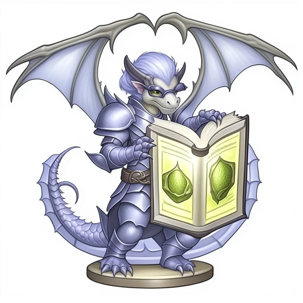 A dragonoid human with grey scales and large glasses along with a long, flexible tail, studying a magical shield in the shape of an octagon