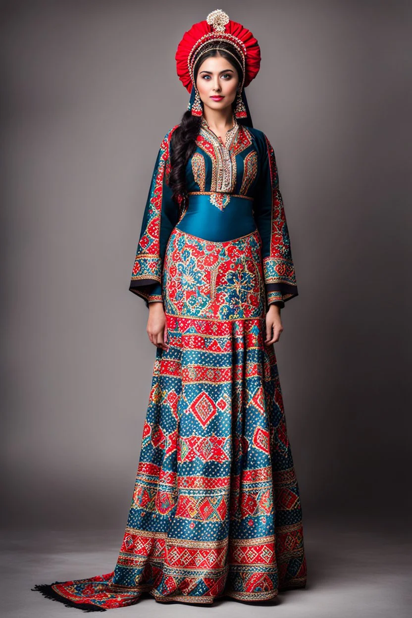 young lady in azeri national costume standing full body shot