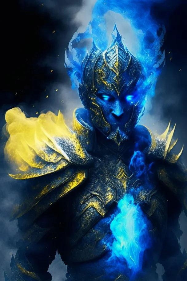 blue smoke in a shape of humanoid and a colour of a storm with yellow eyes wearing a scalemail armor