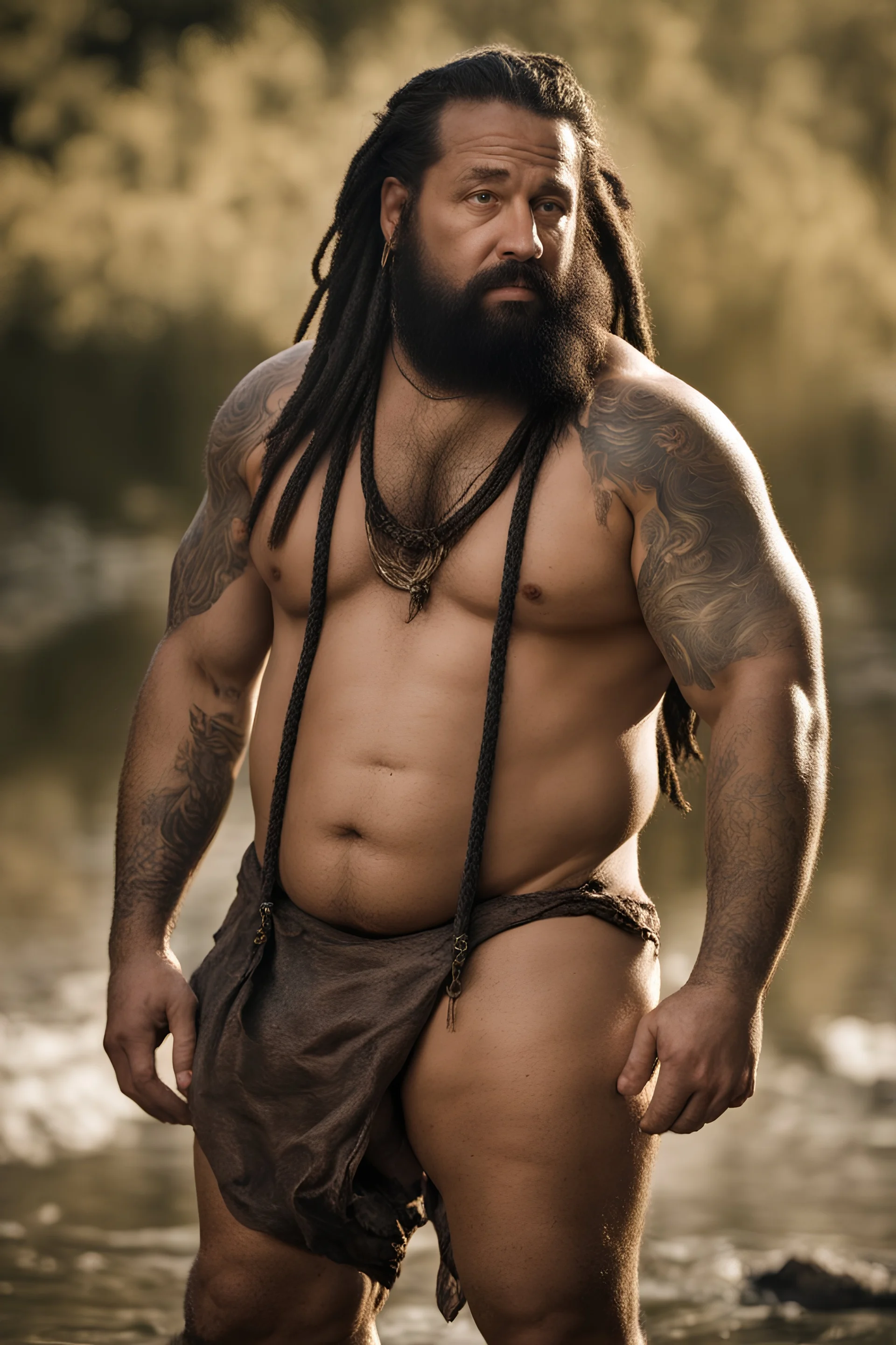 full figure shot, very realistic photography, ugly dirty wet drunk chubby stocky gipsy 36 years old , very oiled body, very detailed, dim light, view from below, short beard, drunk eyes, dreadlocks, tattoo, bullneck, mature barely burly bearded muscled and robust , bulging dirty shorts, seamlessly blending big masculine forms , editorial ambiance, cross-processing effects, big shoulders, ambient occlusion , bright shiny light, impressive composition, volumetric light