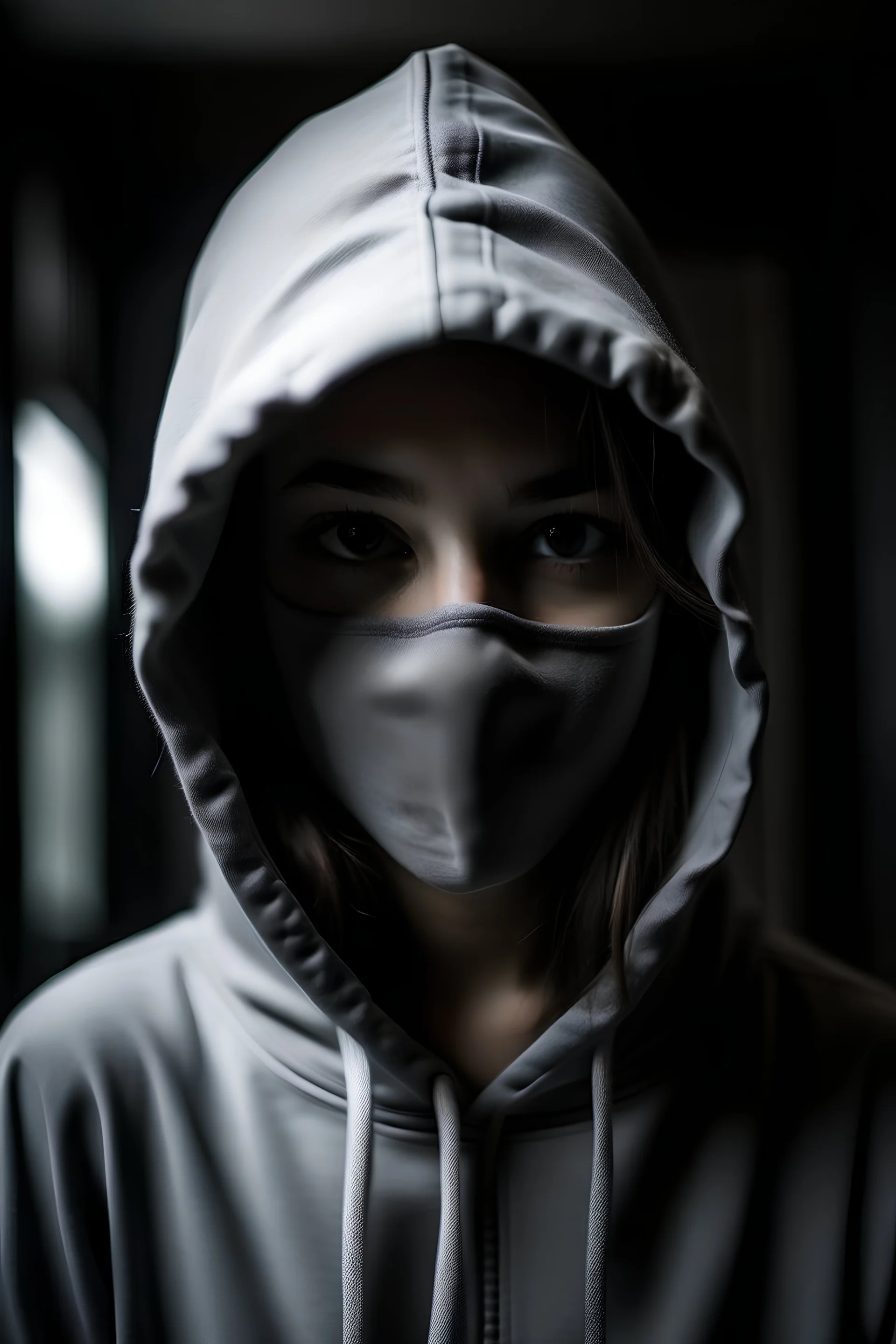 A teenage girl in a gray hoodie with a gray hood on her head wears a white mask over the whole face,the mask covers the whole face of the girl and a black smile is written on the mask