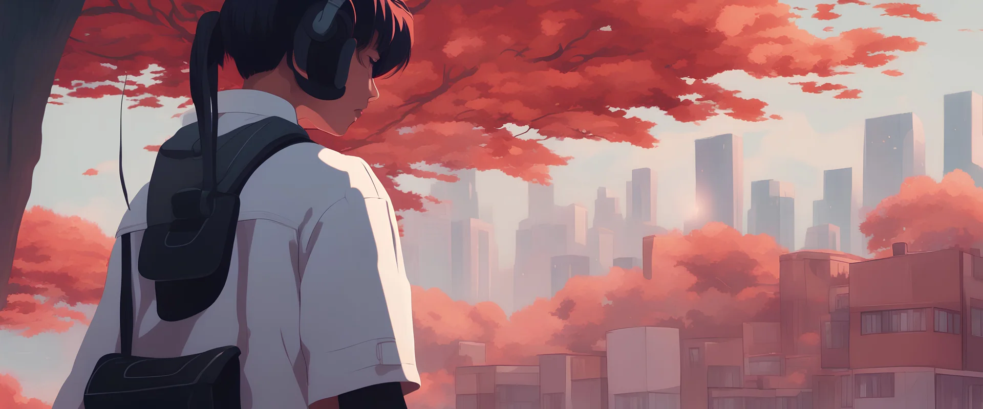 Divide the background into the seasons of the year, all with the lofi boy style with a city of the future in the background, to use it all in a lofi channel, Aura of very high power with a reddish color