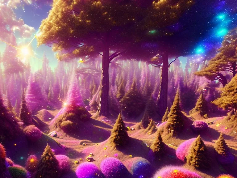 gold crystal cosmic and galactic ambiance hill sky space galaxy rocks sunny trees pools surreal, full of details, smooth, bright sunshine，soft light atmosphere, light effect，vaporwave colorful, concept art, smooth, extremely sharp detail, finely tuned detail, ultra high definition, 8 k, unreal engine 5, ultra sharp focus