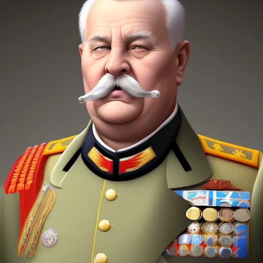 An obese elderly general in military attire. He's balding, has a cigar in his mouth, and has wrinkles. He has a thick moustache and large glasses