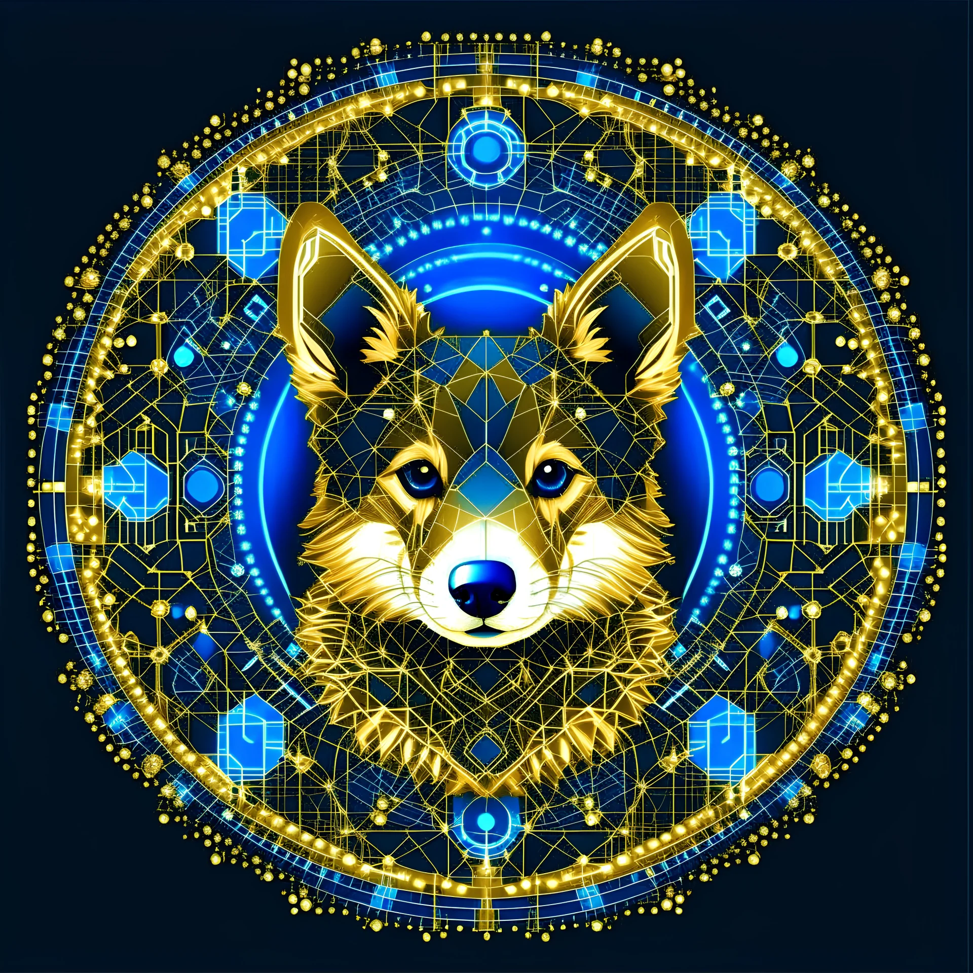 Blue and gold circle logo of a cute corgi dog made of gold circuit board traces, fingerprint and neural network superimposed behind