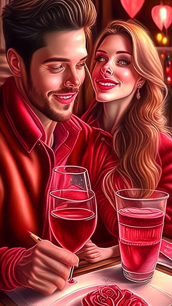 Valentines day date night, art, drawing, very realistic, detailed, vibrant colors.