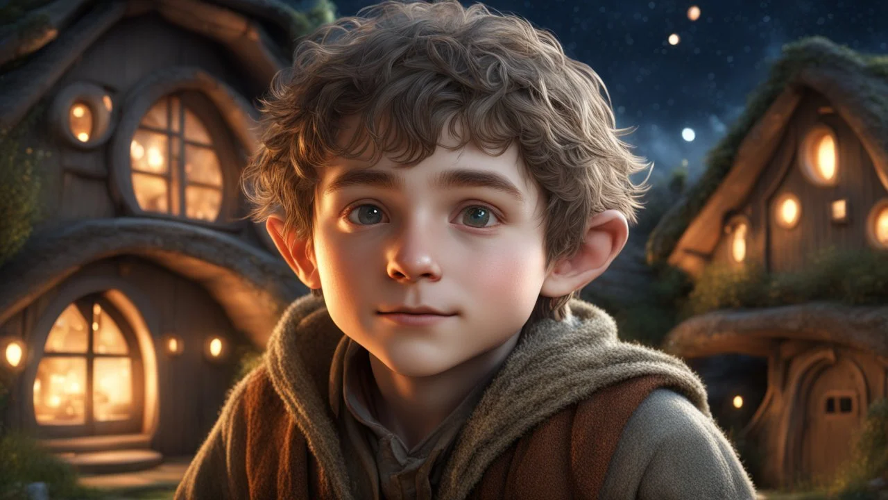 little young hobbit boy, handsome, peaceful, confident, calm, wise, happy, facing camera, head and shoulders, hobbit clothing, perfect eyes, exquisite composition, hobbit village with light from round windows of hobbit homes, night scene, stars, fireflies, beautiful intricate insanely detailed octane render, 16k artistic photography, photorealistic concept art, soft natural volumetric cinematic perfect light, chiaroscuro, award-winning photograph, masterpiece, William-Adolphe Bouguereau