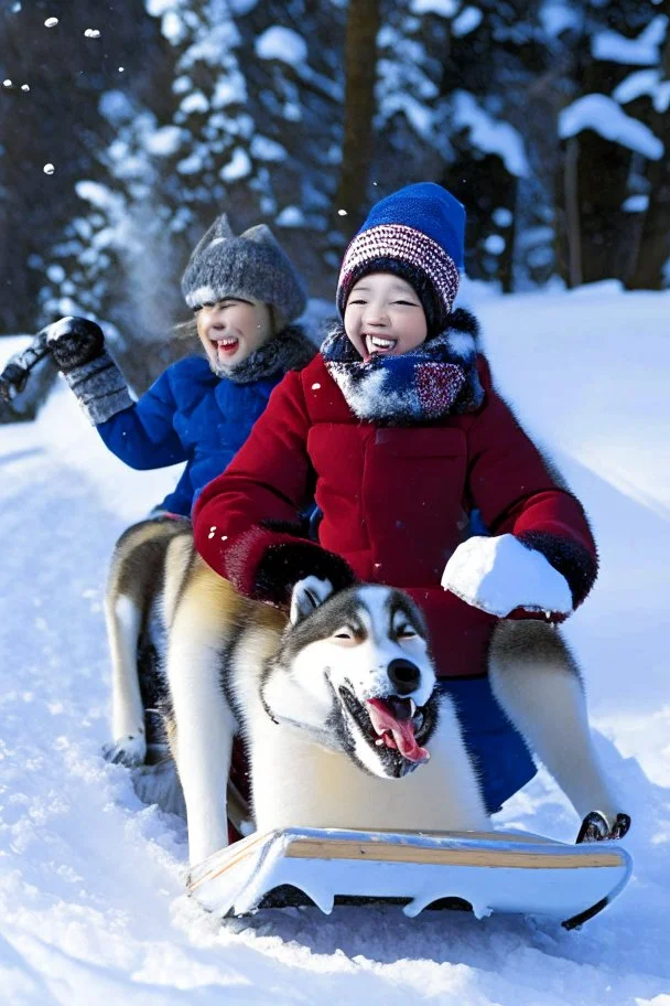 niño y niña viajan en un trineo tirado por un husky