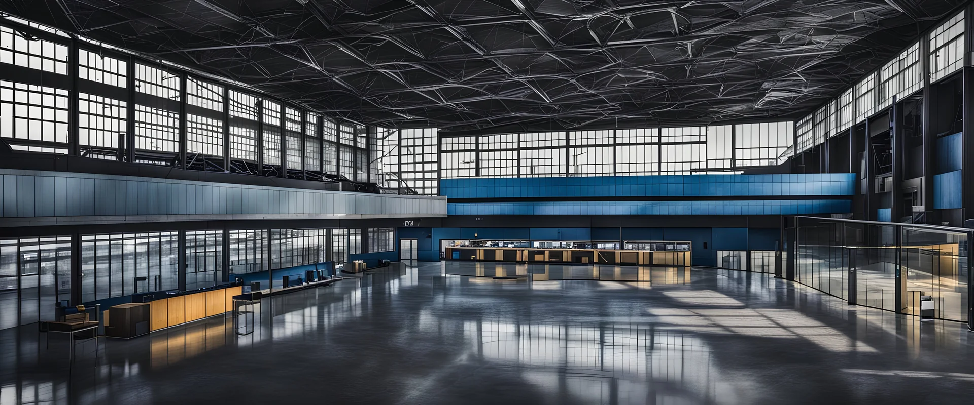 interior of abandoned airport terminal, liminal space, subliminal vibe, steely cold colors of cobalt blue, steel gray, beige and black, sporadic tint ink leaks, perfect verticals, amazing parallels