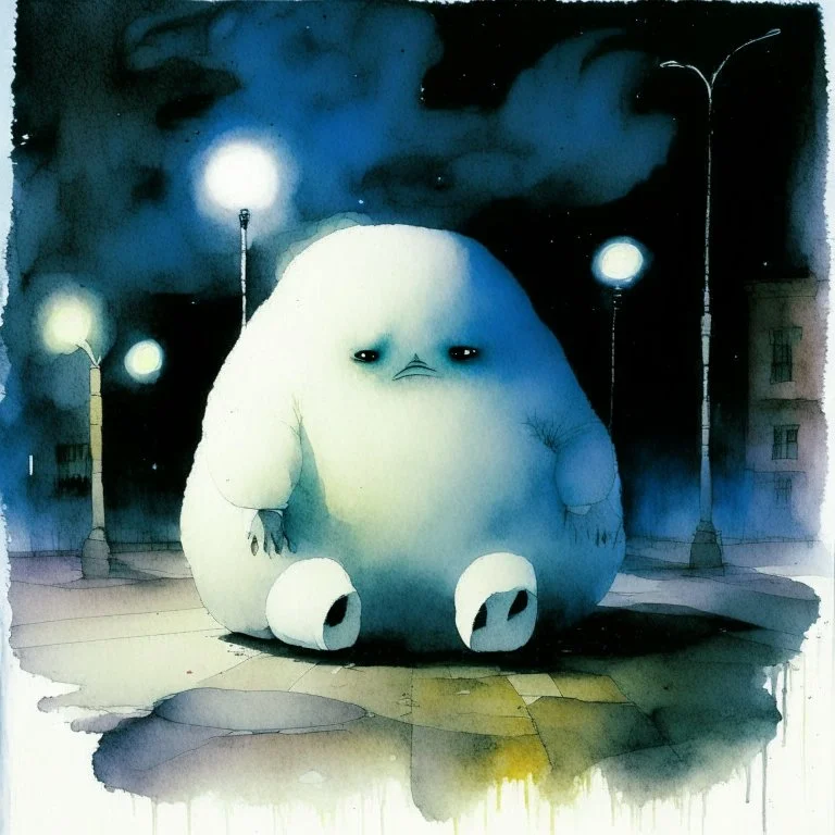 Dramatic watercolor and ink illustration, gigantic puffy fat marshmallow creature sitting in an empty school playground at night caught in the ambient streetlight, Lovecraftian creature made of marshmallows with frustrated confused look on face, sinister whimsey, oddball masterpiece, complex contrast, dynamic composition, by Stephen Gammell