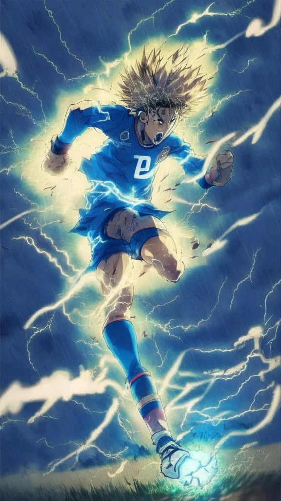 anime soccer player running covered in lightning