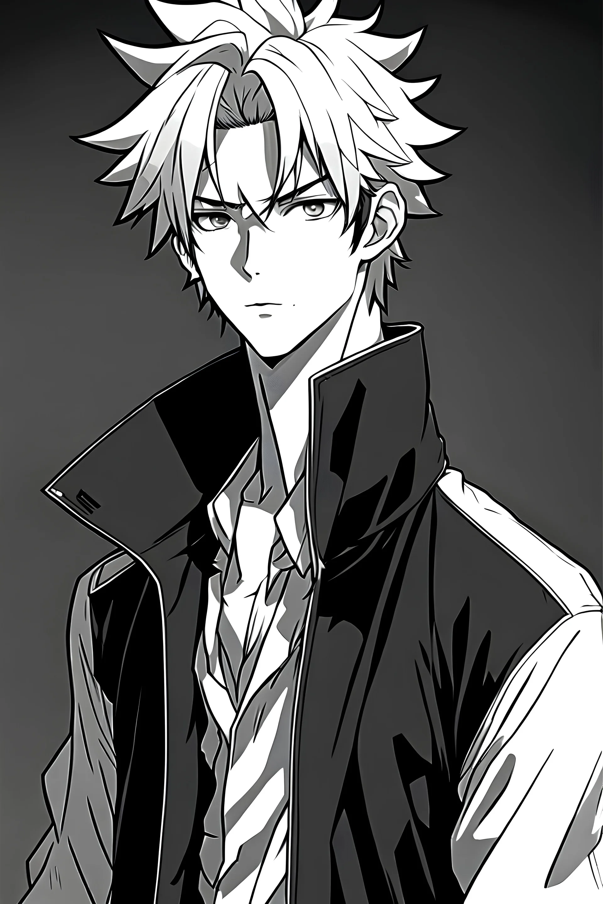 Anime fashion, a male character in the black-and-white photography for the magazine, 8K resolution, high quality, ultra graphics, and detailed with lines.