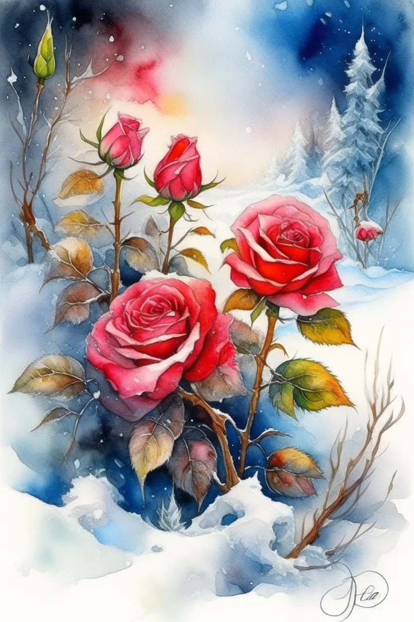 magic Winter landscape, blooming roses in the snow. Jean-Baptiste Monge style, watercolor, ink. Picturesque and colorful. Bright colors of the ring exquisitely luxury chic aesthetics photo harmony professional photo 64K pixel graphics high detail bright lighting