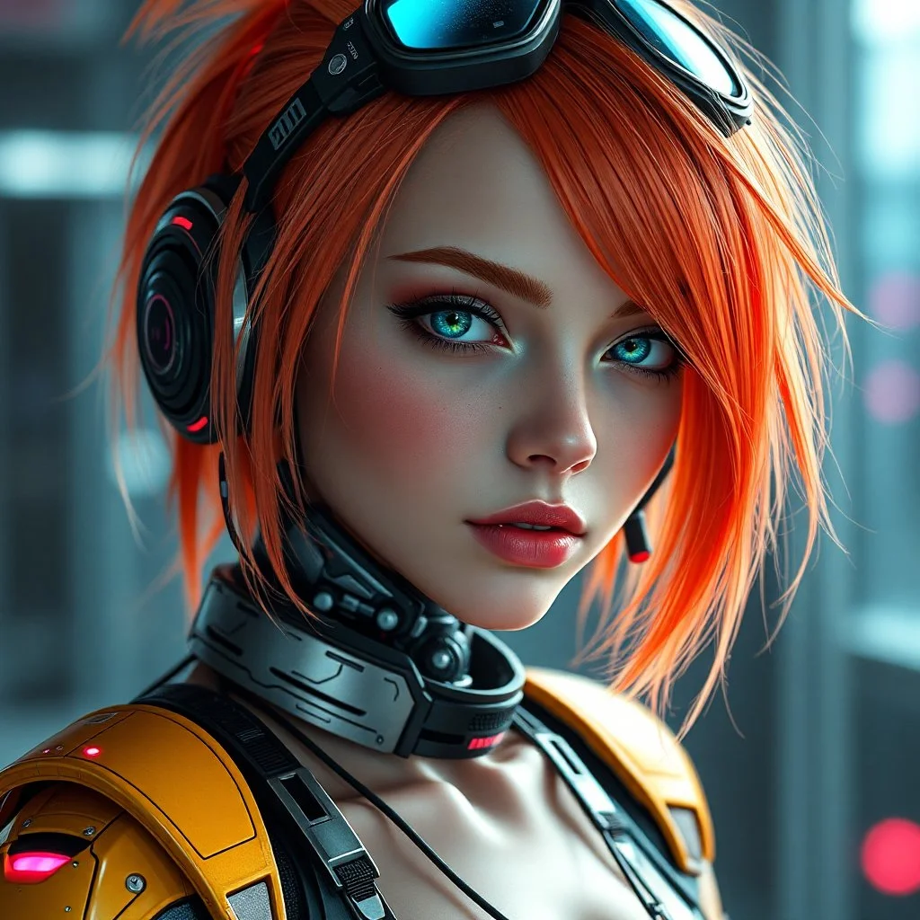 a pretty cyberpunk girl, cyborg, bright hair, futuristic