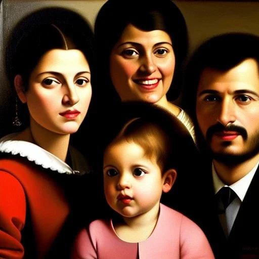 portrait of Jacobo Santiago Mozos born in 1976 and Gemma Arnau Arnau born in 1979,and daughters Eira Santiago Arnau and Dalia Santiago Arnau by Caravaggio,smiling, oil on canvas, cinematic composition, extreme detail,8k,fit full head inside picture,