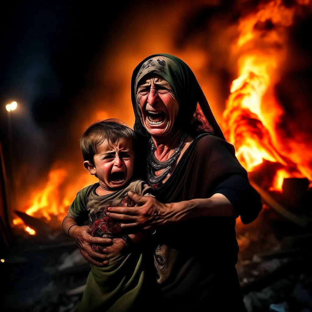 A Palestinian woman wearing the Palestinian dress carries her dead son as she screams and cries at night, with explosions in refugee tents behind her.