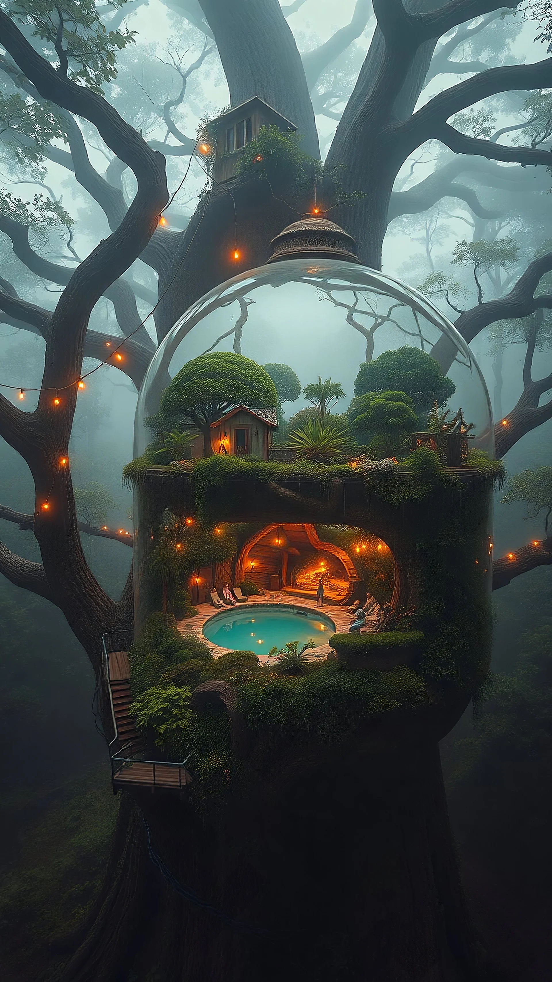 Bio punk.Giant Terrarium inside tree. with perfect eco system. Humans living in. Terraformed. electricity. Garden. Trees. Pool. Fog. Sony Alpha 7 50mm 1.8,medium shot, high-resolution image with fine details, citrine, ultra detailed,ultra realistic,extremely realistic,intricate,photorealistic,epic composition,masterpiece.