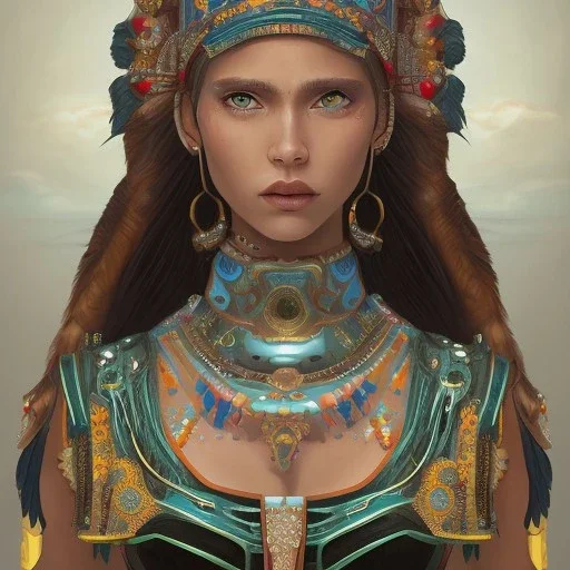 war painted pueblo Indian female,detailed eyes, blue eyes,, disturbed expression.intricate detaile,thnically accurate face, intricate head dress,detailed turquoise jewelry, detailed hair, detailed feathers, use dynamic palette, accurate proportions, high contrast black smokey bokeh background.studio ghibli,andrea bonelli, korra character, style.