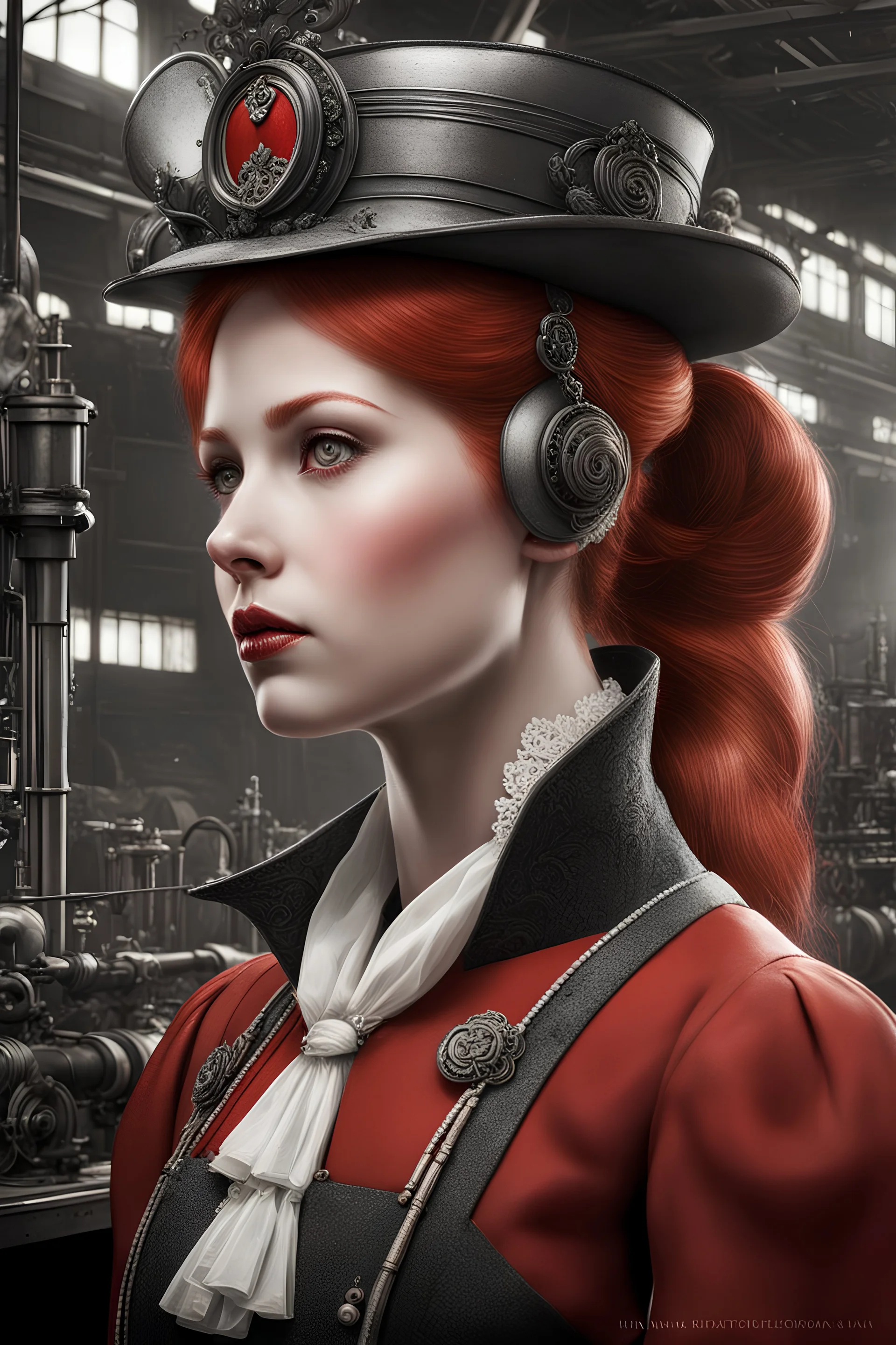 Insanely detailed closeup vintage black-white-and-red portrait of a pale skinned 25yo redhead russian woman with eye shaddow and long eye lashes and a pony tail, in a victorian manufacturing plant by CGSociety, awwchang, James Christensen, Pixar, character design, digital illustration, detailed background, Norman Rockwell, Carne Griffiths, Gil Elvgren, Leonardo DaVinci, 8k resolution, Pixar, Lou Xaz, cinema 4d