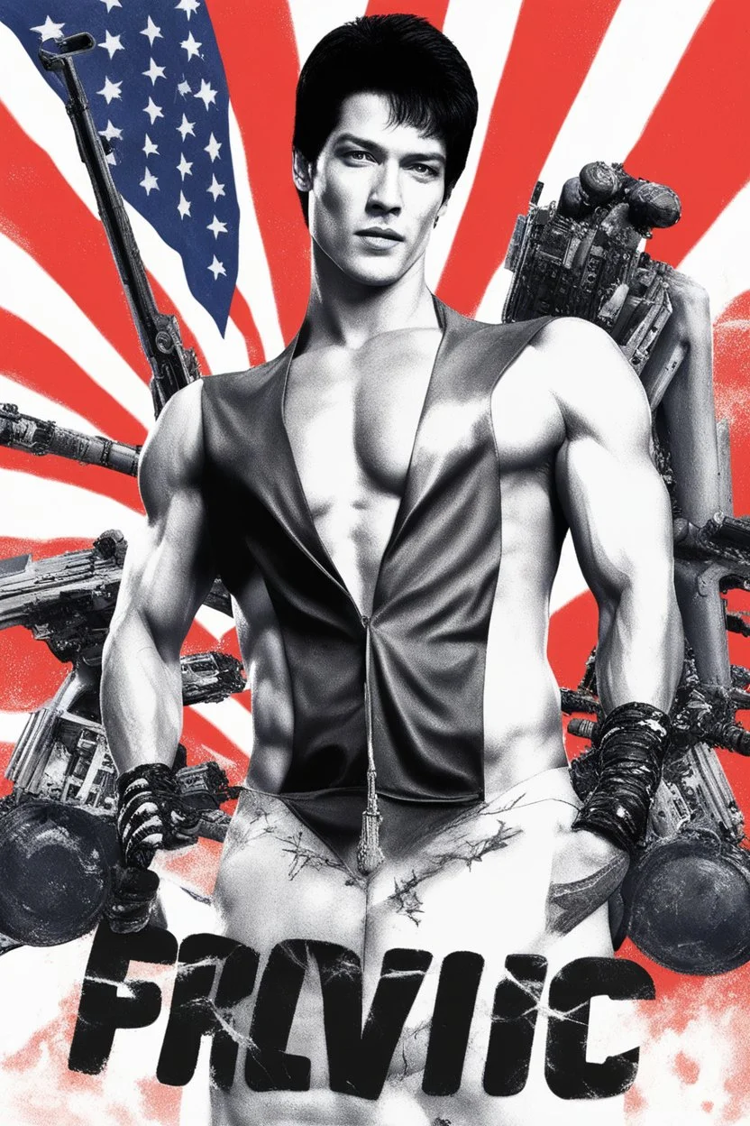 20-year-old, extremely muscular, short, buzz-cut, pitch black hair, Paul Stanley/Elvis Presley/Keanu Reeves/Pierce Brosnan/Jon Bernthal/Sean Bean/Dolph Lundgren/Patrick Swayze/ hybrid, as the extremely muscular Superhero "SUPERSONIC" in an original patriotic red, white and blue, "Supersonic" suit with an America Flag Cape,