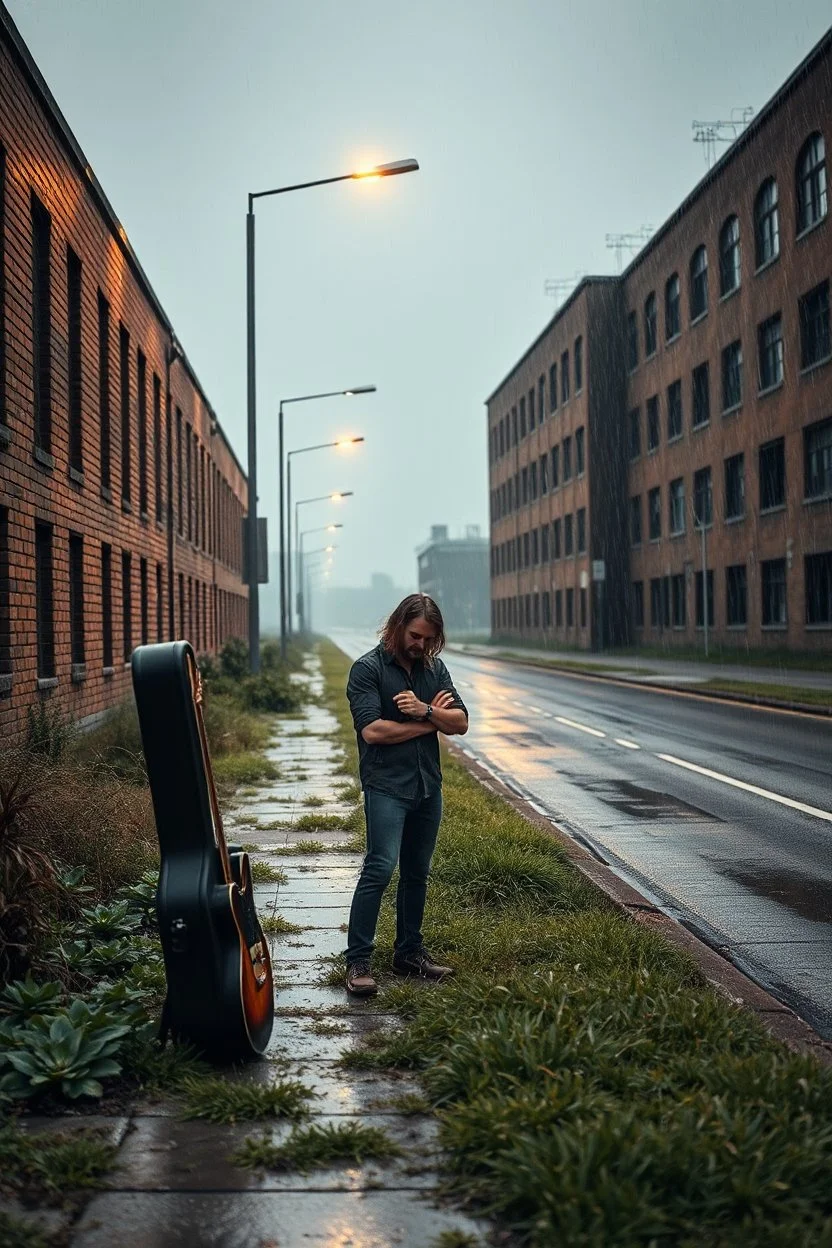 a very disappointed member with guitar case of a hard rock band who has been kicked out of a rehearsal space in Sweden, old factories style with bricks, deserted place overgrown plants and grass, he stands outside in the rain and cries, street lamps shining, raindrops, wind, empty roads and cycle paths next to it