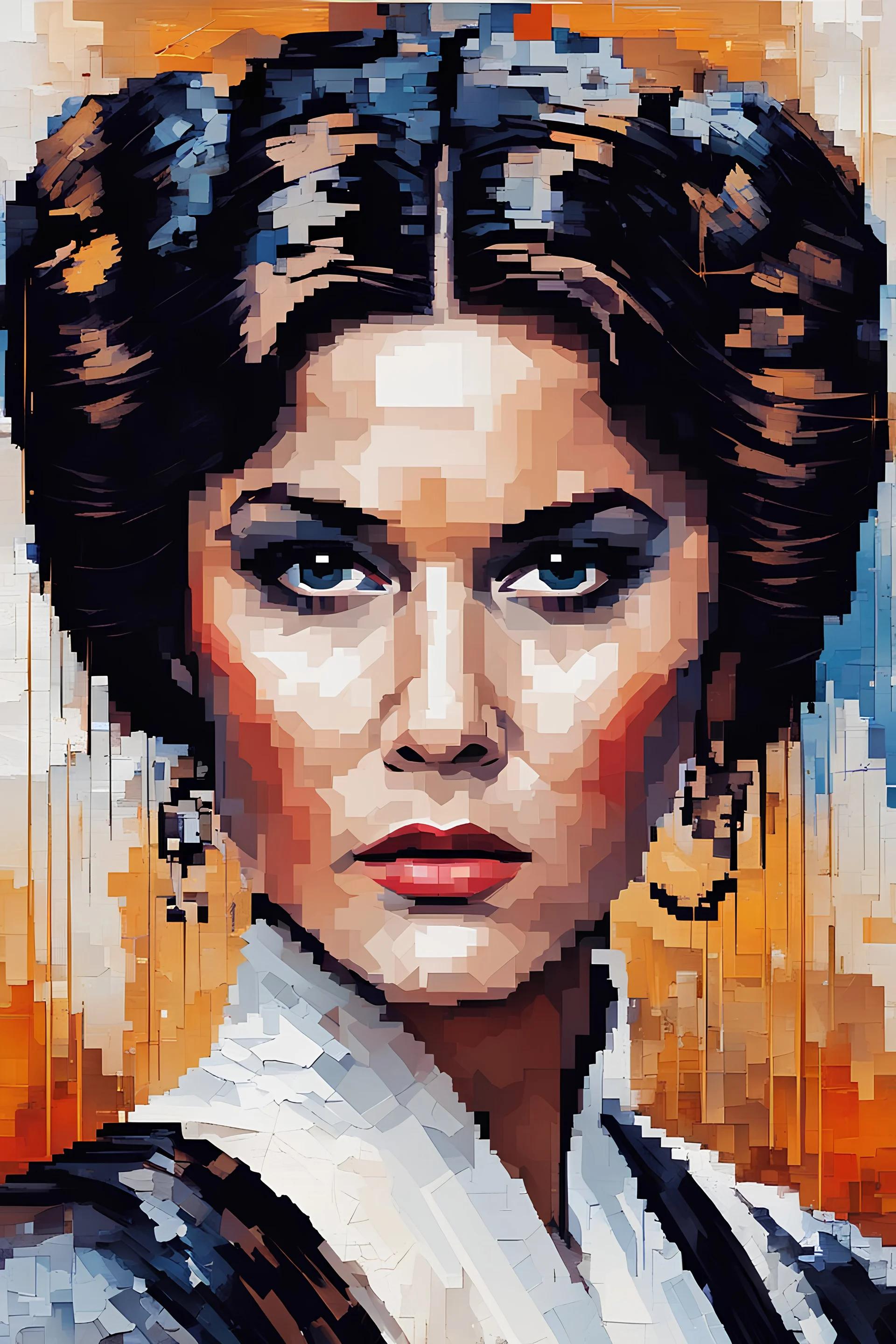 abstract art painting of luxun' face of princess leia from star wars , in the style of oversized pixels, cracked, oversized portraits, elegant