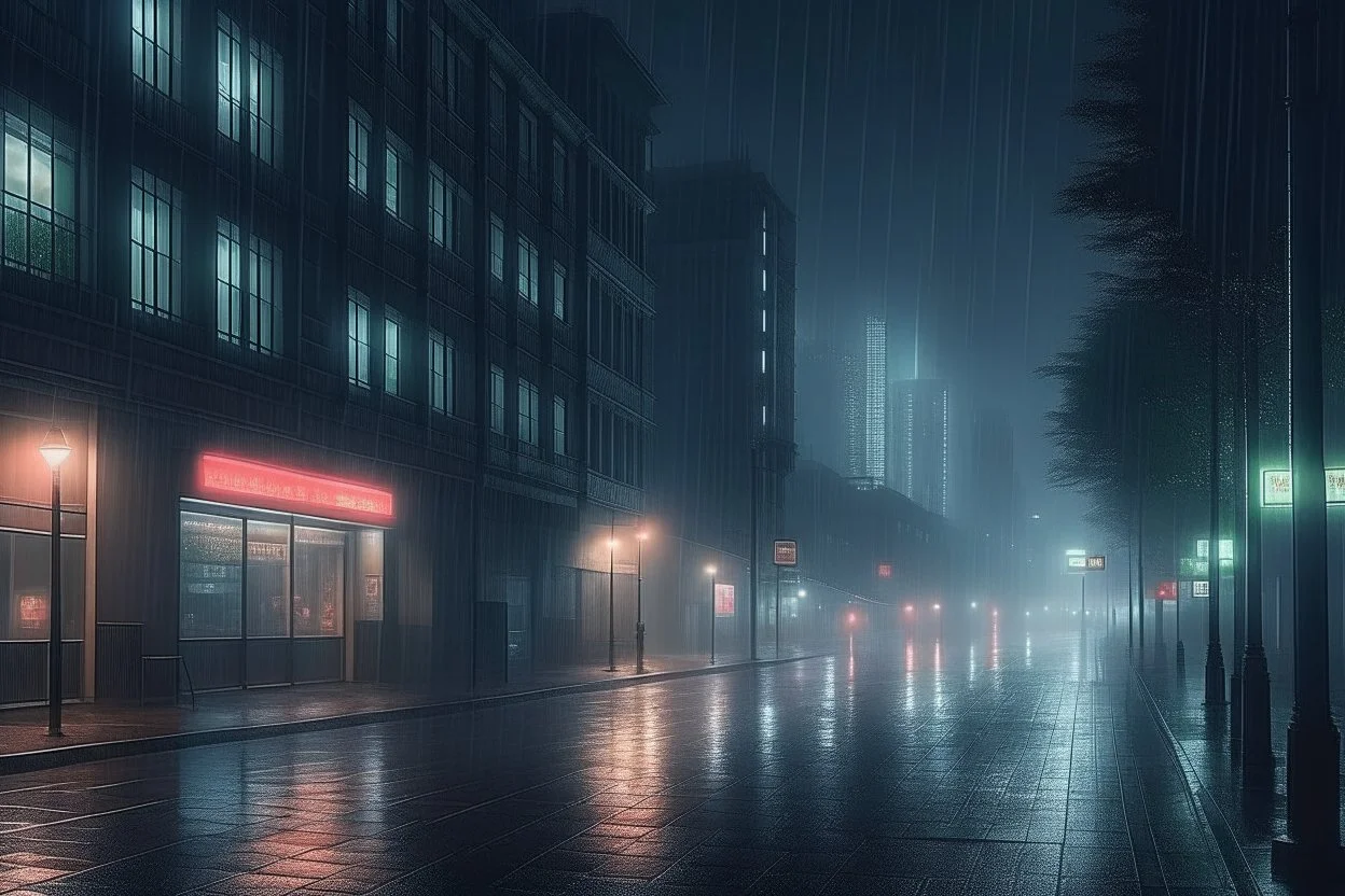 A city that's in the night and it's raining and it's foggy and it's in the future.