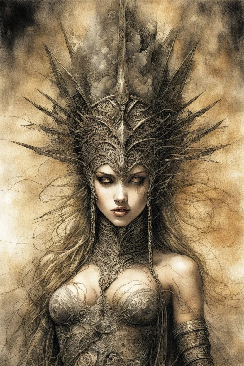 Hyper-photorealistic watercolor art style by Luis Royo & Raymond Swanland, Surreal fine art etching of a figure by Luis Royo, tanned skin inscribed with the transient story of mortality, ethereal light playing with its form whispering tales of an eternal realm, eyes, black as the depths of the night, ardently pinand looking towards the endless skies, a crown of black hair mirroring the mystery of the cosmos around, whole scene tinged with an ethereal softness from volumetric lighting, hues gr,