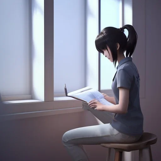 female student studying by the window, anime style, unreal engine 5, sun light, studio lighting --ar 1:1 --v 4